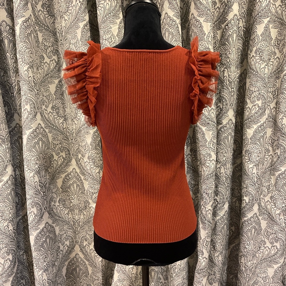 Anthropologie Bailey 44 RUST TULLE CAP SLEEVE RIBBED TOP FALL COLORS - Picture 7 of 10